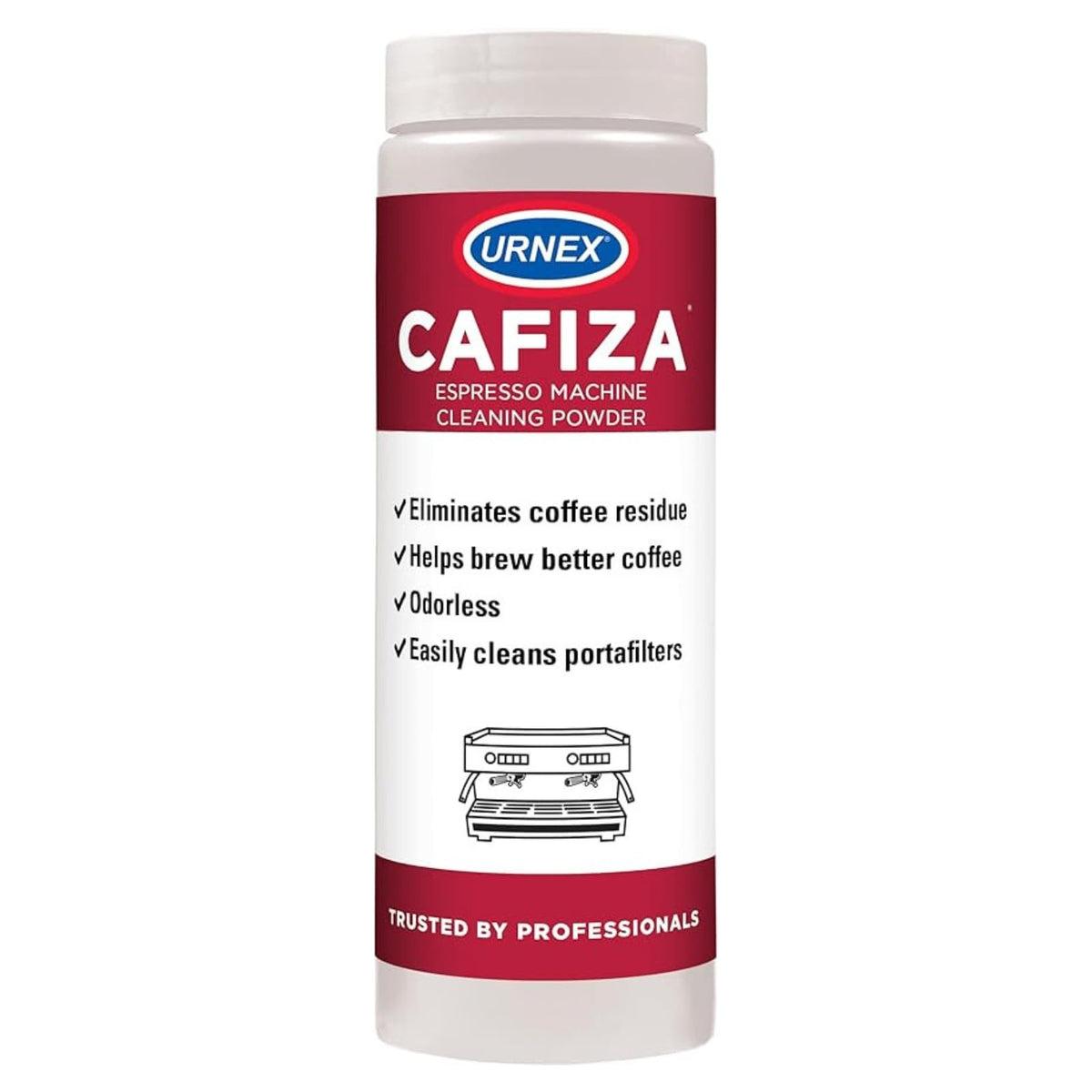 Urnex Cafiza espresso cleaner packaging showcases professional-grade cleaning