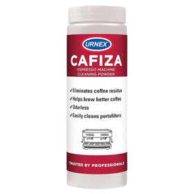 Urnex Cafiza espresso cleaner packaging showcases professional-grade cleaning