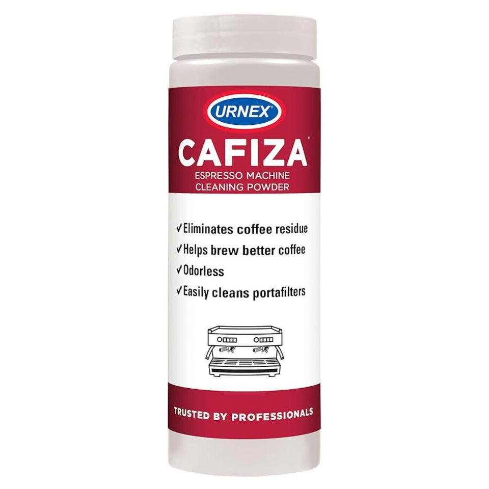 Urnex Cafiza espresso cleaner packaging showcases professional-grade cleaning