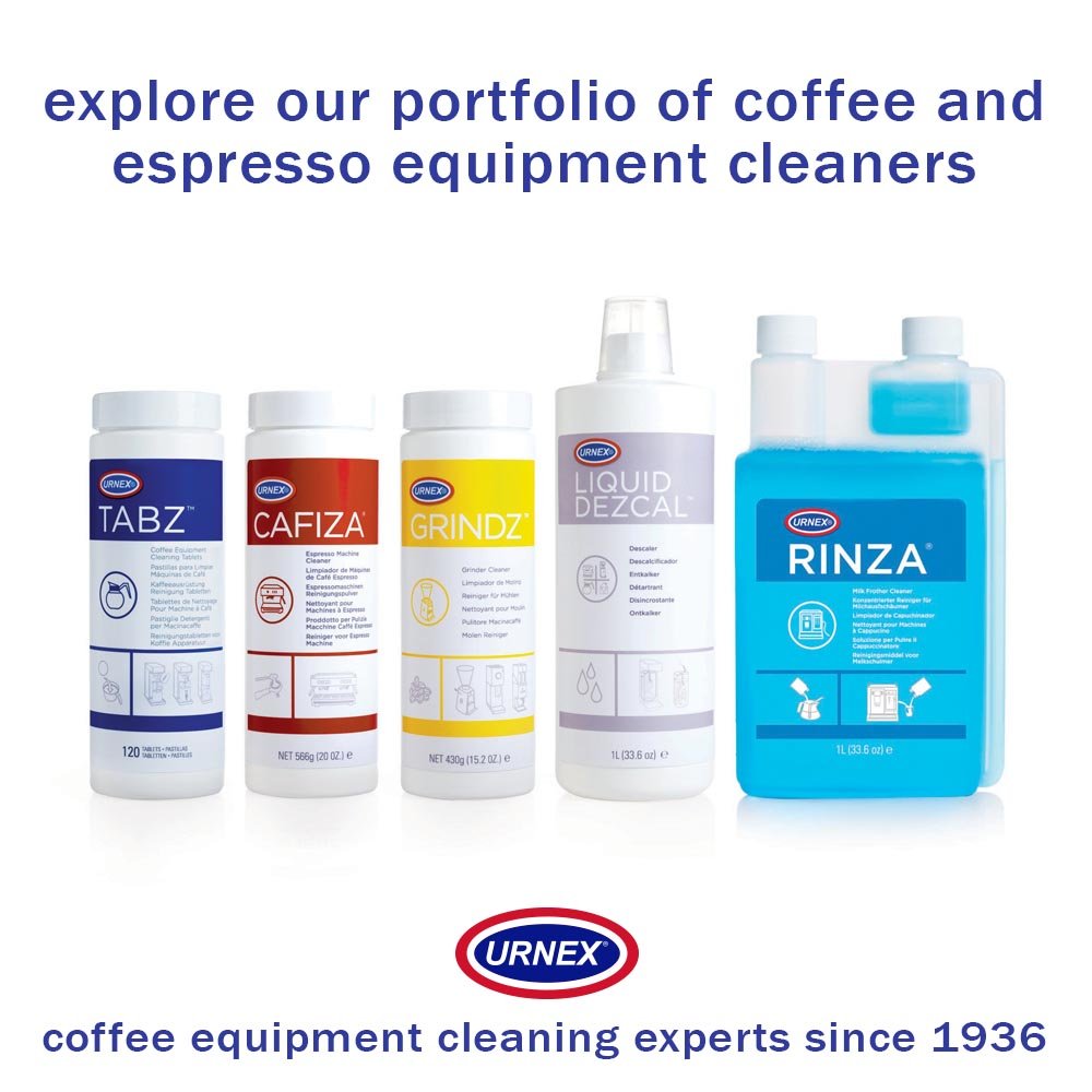 Urnex Cafiza jar closeup highlighting ready-to-use cleaning tablets