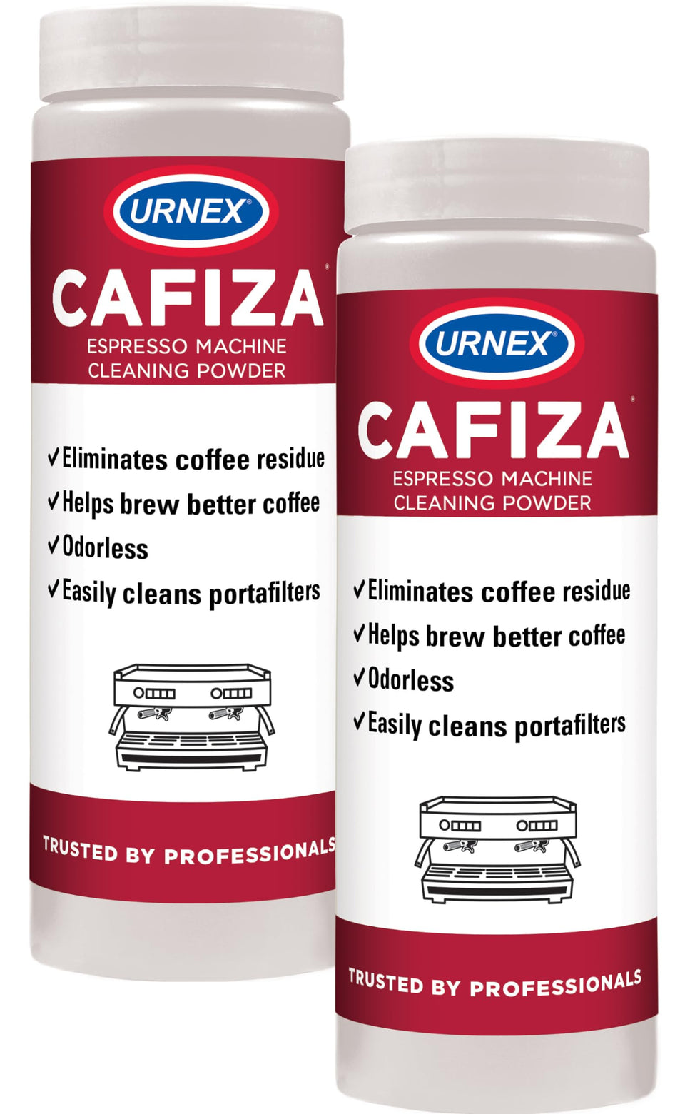 Urnex Cafiza professional espresso cleaner powder for backflush cleaning, removing oils.