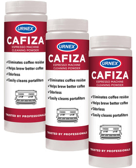 Urnex Cafiza professional cleaning powder in three-pack packaging for espresso gear.