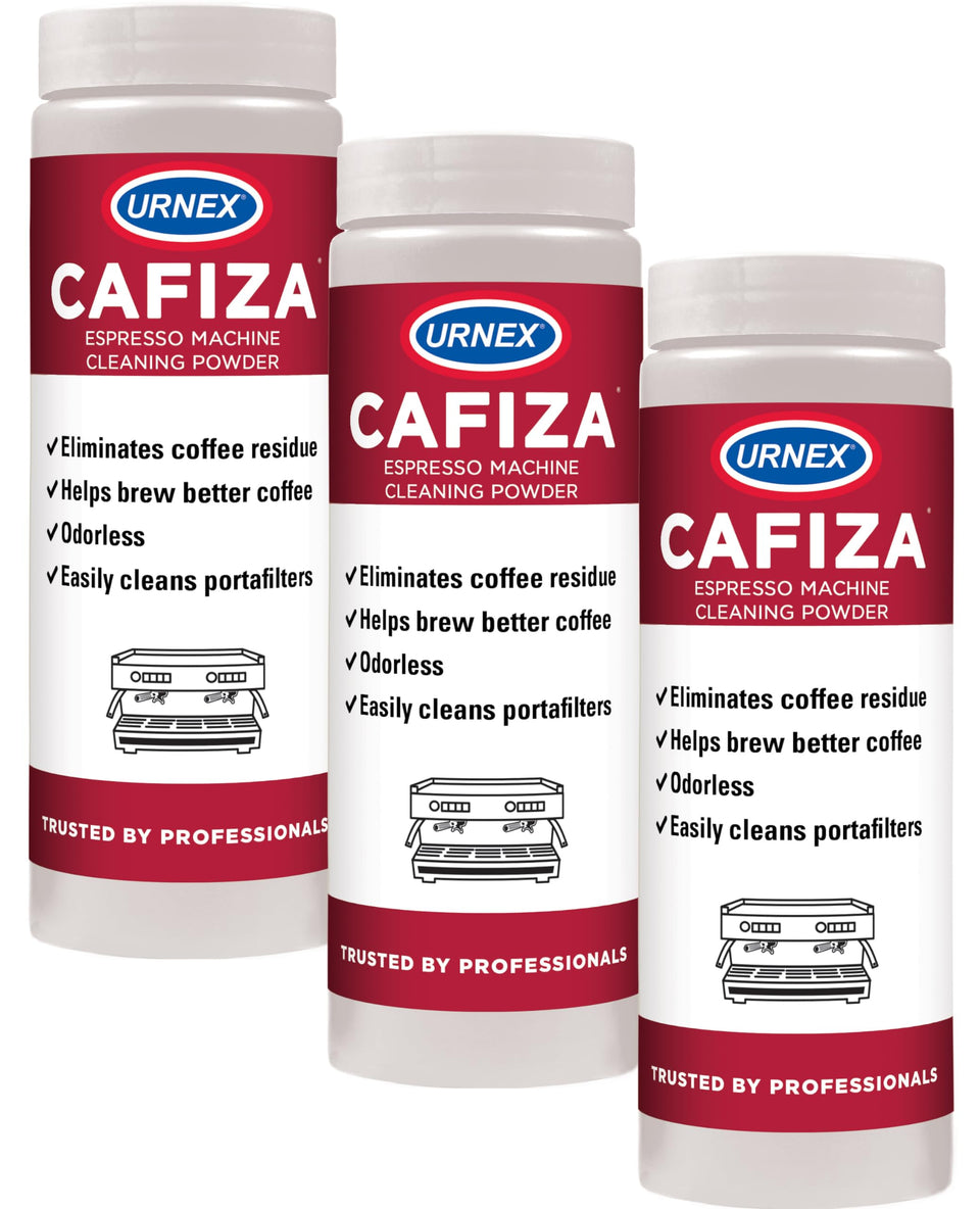 Urnex Cafiza professional cleaning powder in three-pack packaging for espresso gear.