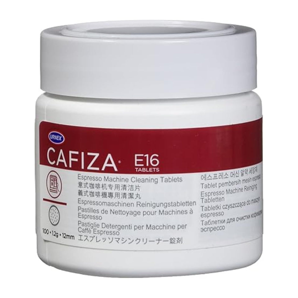 Urnex Cafiza tablets in a jar ready for professional backflush cleaning