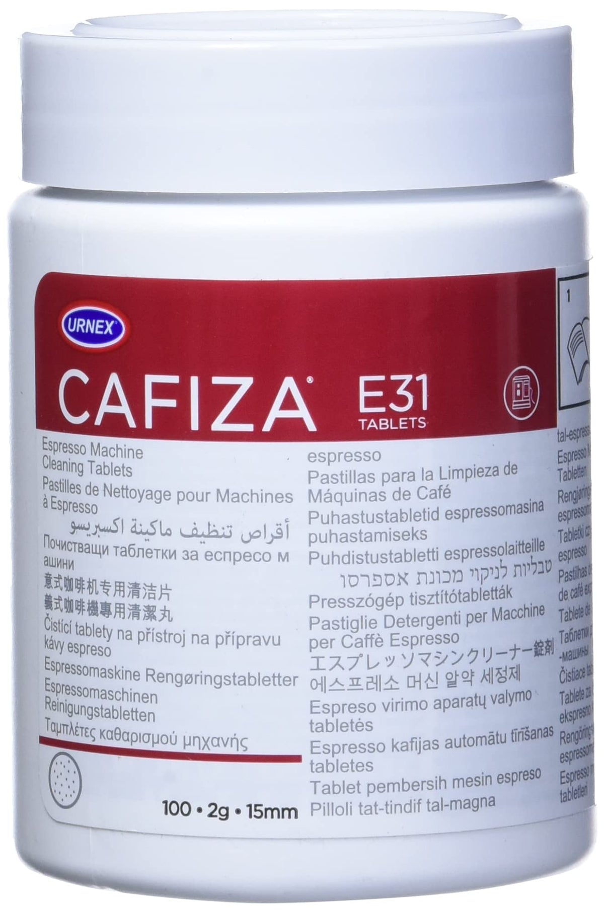 Urnex Cafiza tablets in a jar for easy espresso machine cleaning