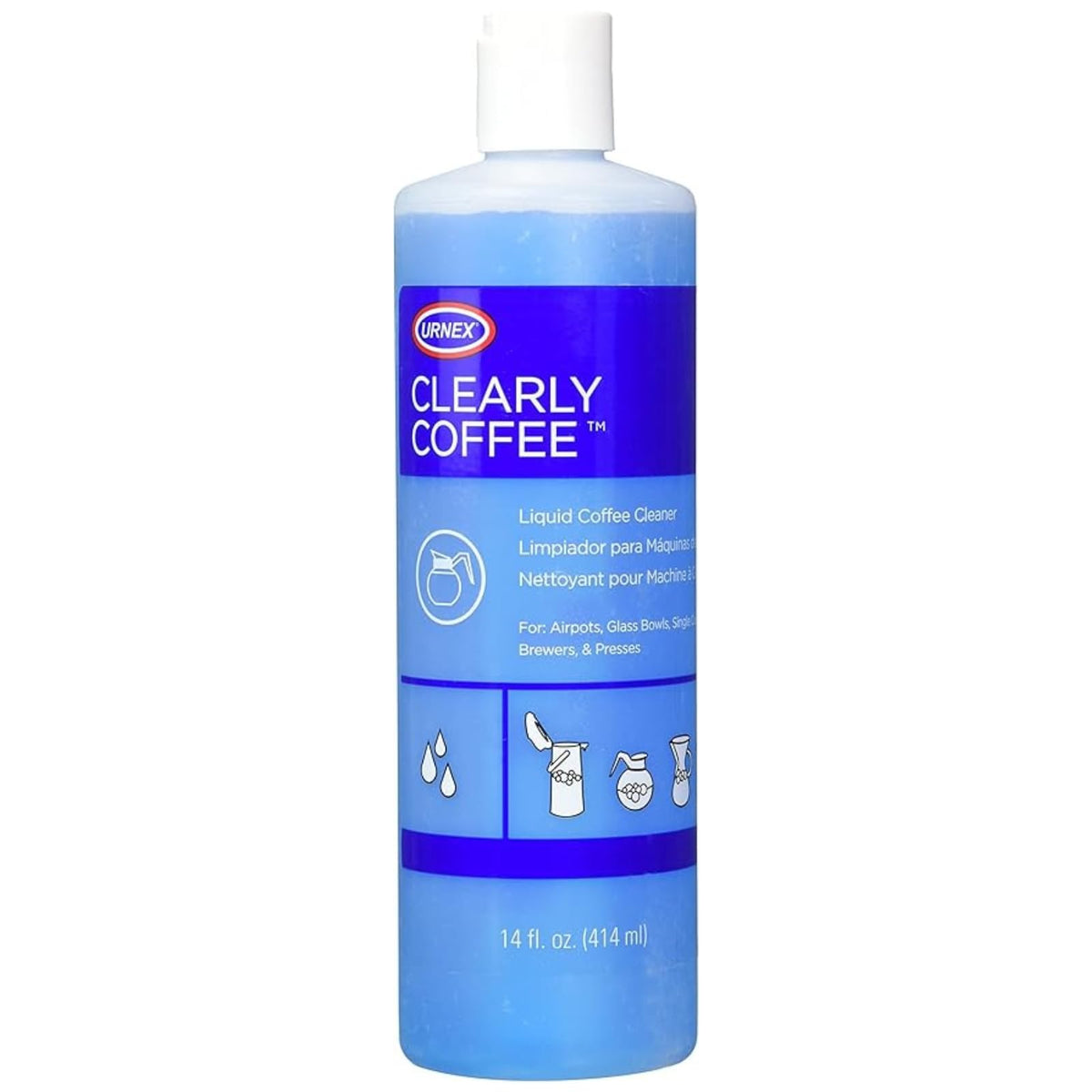 Urnex Clearly Coffee pot cleaner 14oz bottle for easy daily cleanup and flavor preservation.