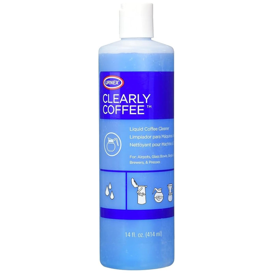 Urnex Clearly Coffee pot cleaner 14oz bottle for easy daily cleanup and flavor preservation.