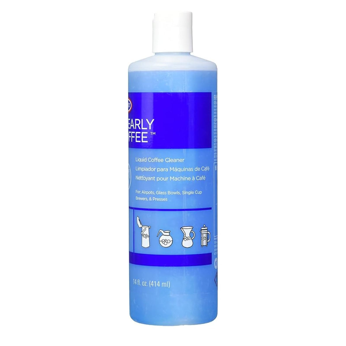 Urnex Clearly Coffee pot cleaner blue liquid pour helps confirm thorough rinsing.