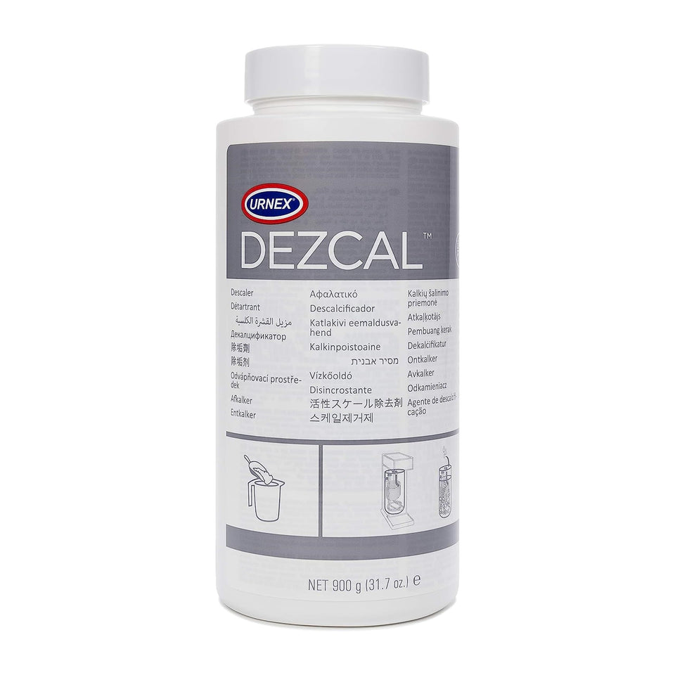 Urnex Dezcal bottle front ready for quick coffee gear descaling.
