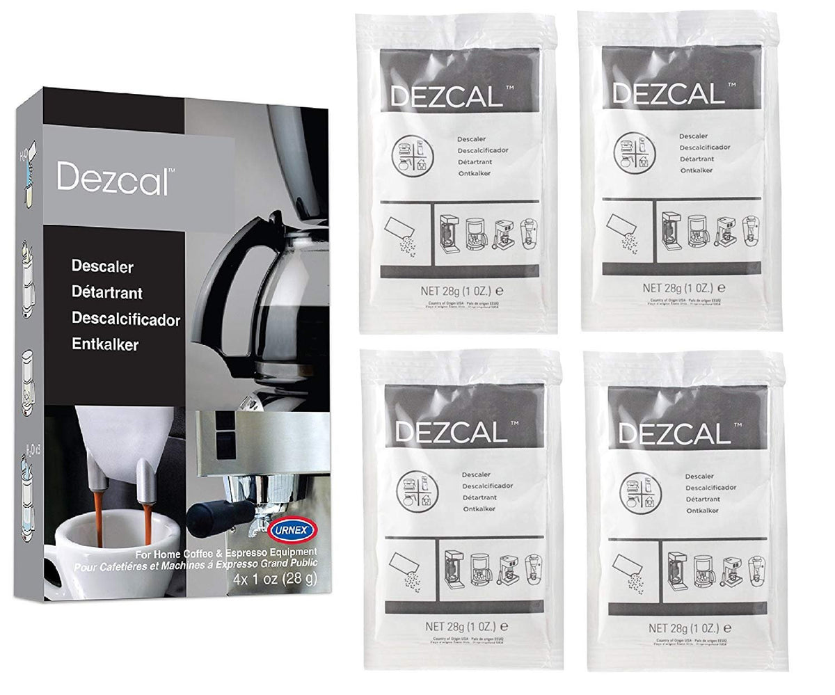 Urnex Dezcal descaler packets close-up in a 4-pack