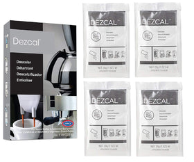 Urnex Dezcal descaler packets close-up in a 4-pack