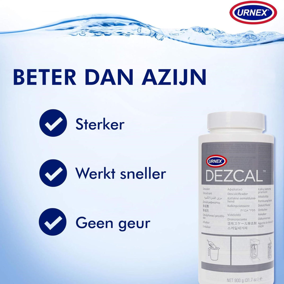Urnex Dezcal ready-to-use solution improving flavor consistency.