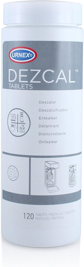 Urnex Dezcal tablets packaging for easy descaling of home coffee equipment