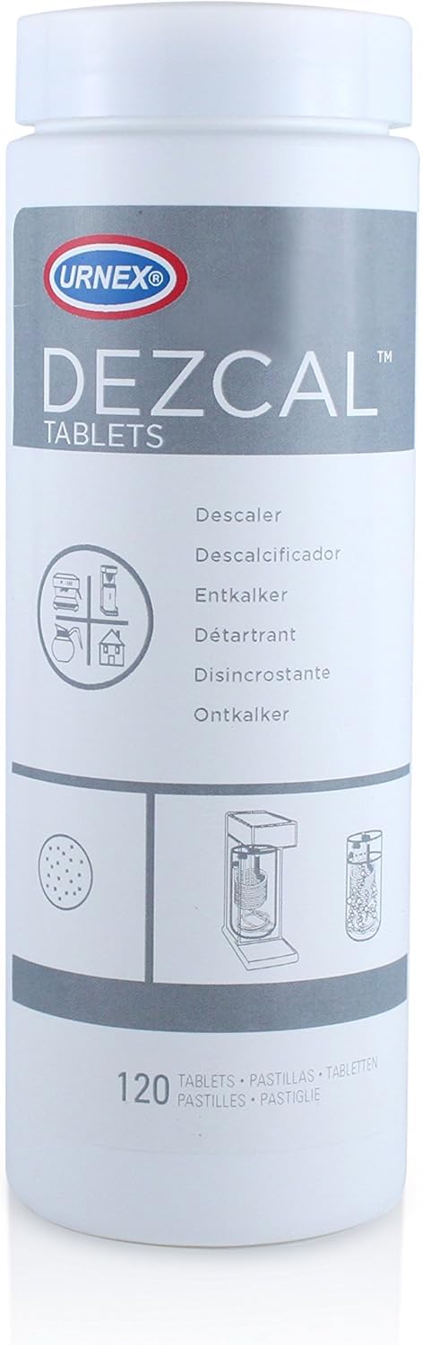 Urnex Dezcal tablets packaging for easy descaling of home coffee equipment