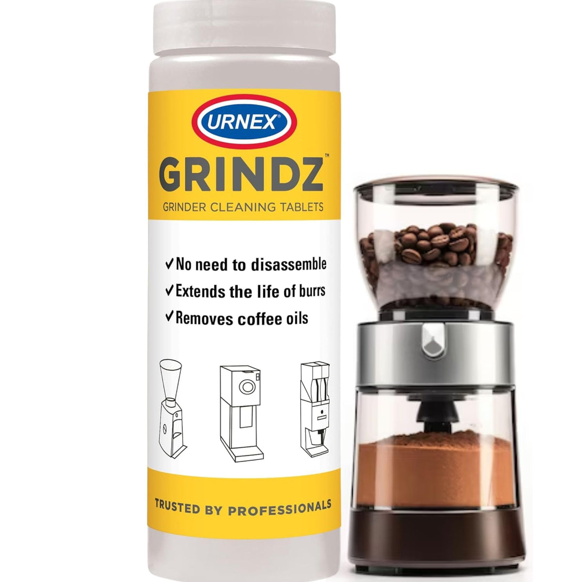 Urnex Grindz 430g pack front view for cleaner grinders and fresher coffee