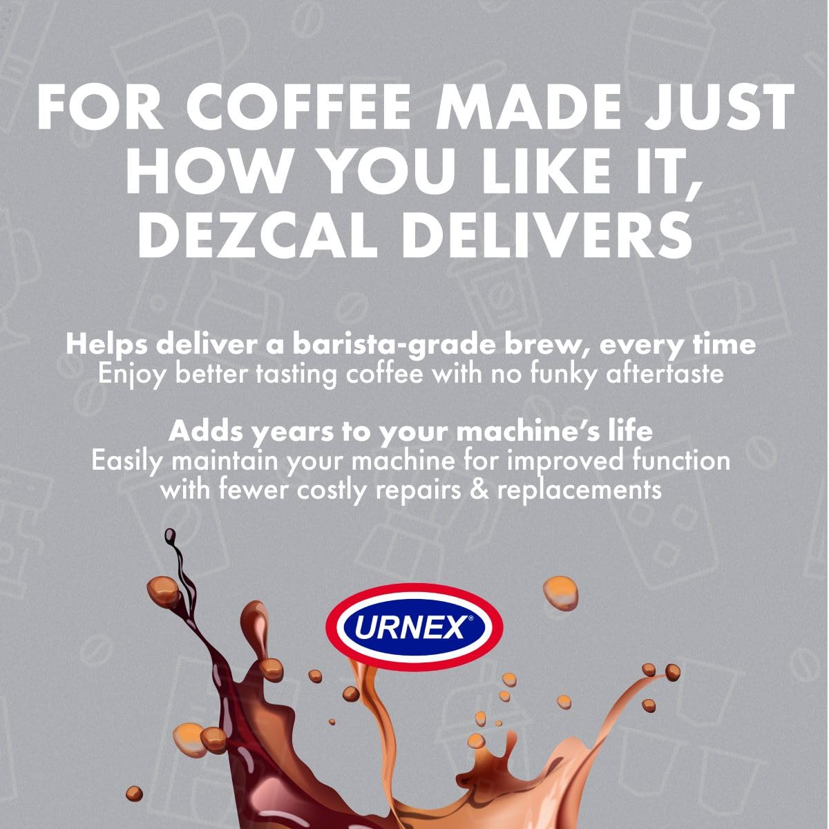 Urnex Dezcal bottle beside coffee setup on kitchen counter.