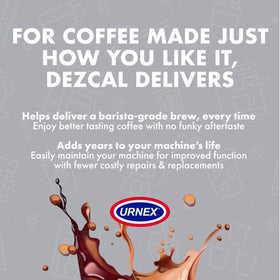 Urnex Dezcal bottle beside coffee setup on kitchen counter.