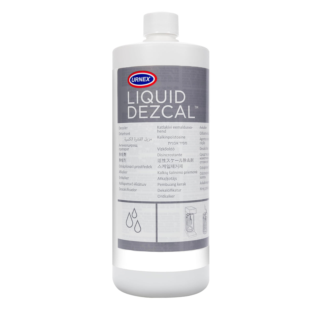 Urnex Liquid Dezcal bottle on counter for mineral buildup prevention.