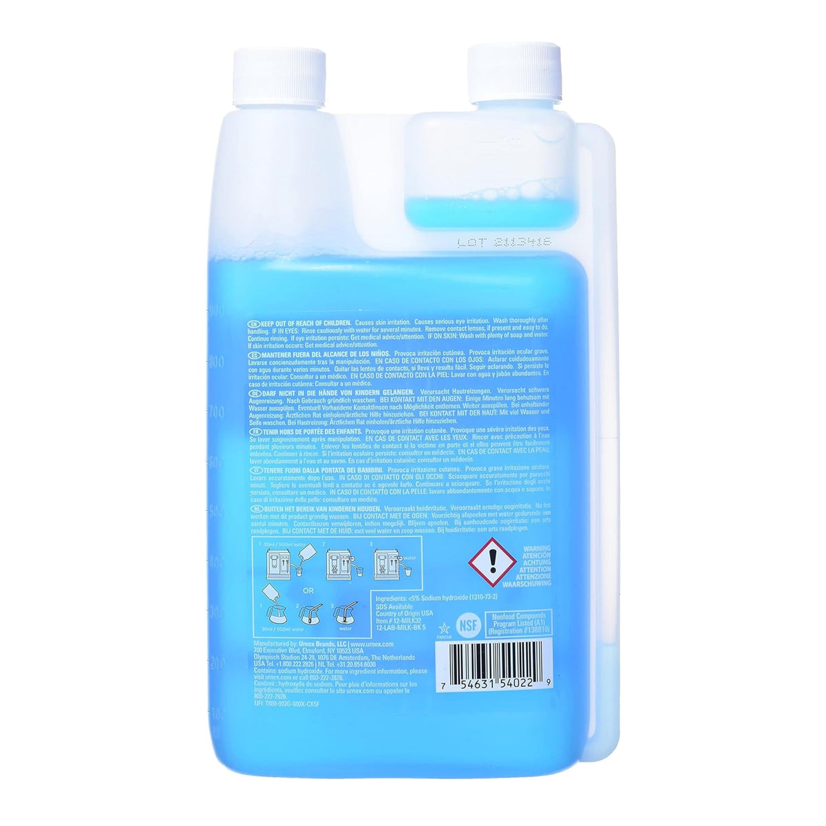 Urnex Rinza dual-chamber bottle simplifies measuring and storage during routine cleanings.