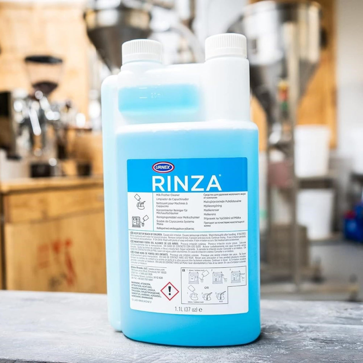 Urnex Rinza milk-protein buildup breakdown supports thorough residue removal.