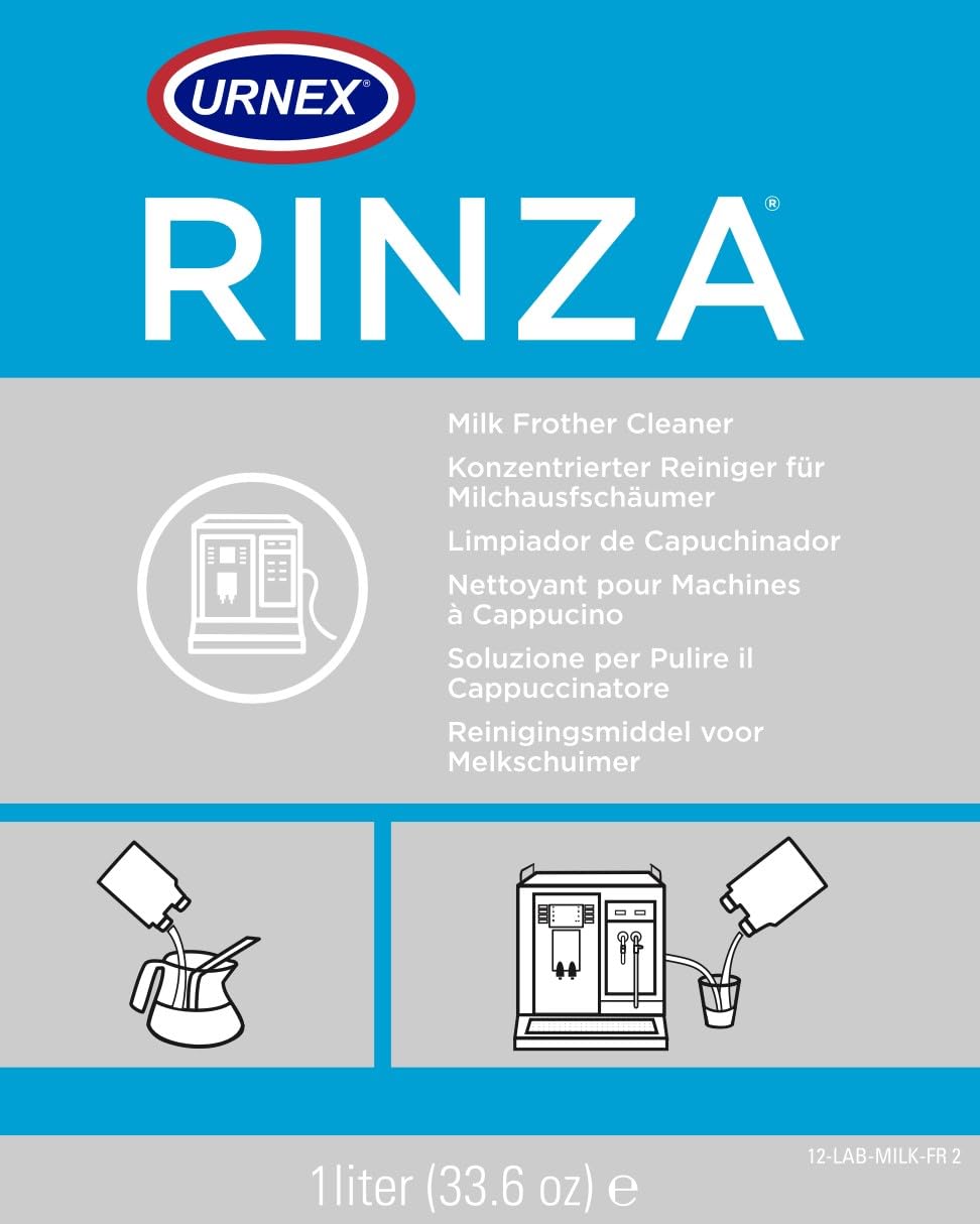 Urnex Rinza packaging highlights over 30 uses per bottle for ongoing care.