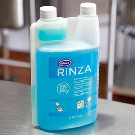 Urnex Rinza steel pitchers cleaning protects surfaces and improves hygiene.