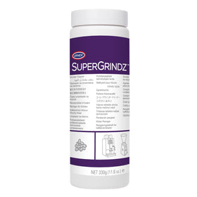 Urnex SuperGrindz bottle front for home grinder cleaning.