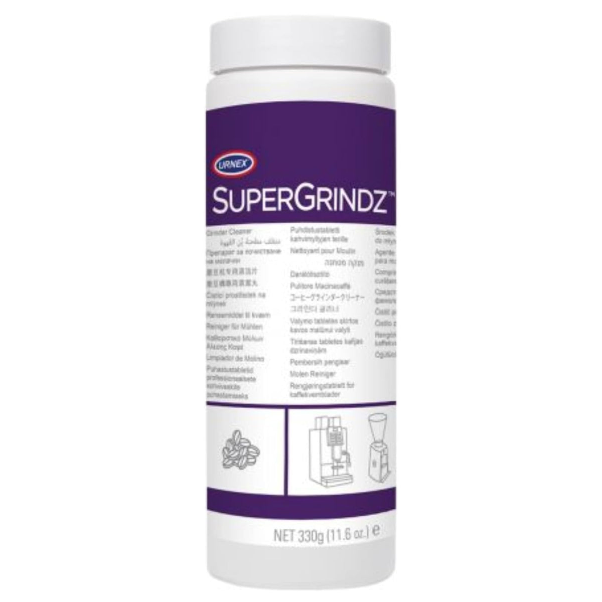 Burr-cleaning action from Urnex SuperGrindz in use.