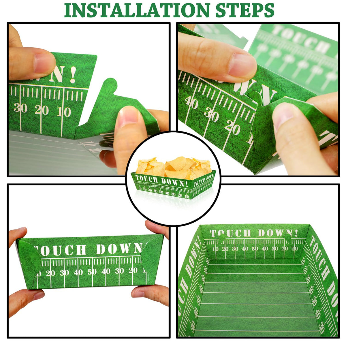 UROINEPA football trays measure 7.9 by 5.7 by 1.9 inches for snacks.