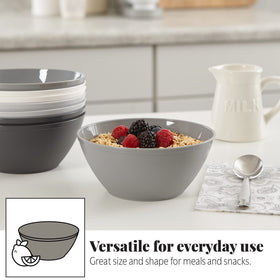 US Acrylic 6.25-inch grey bowls offer comfortable rims and easy stacking.