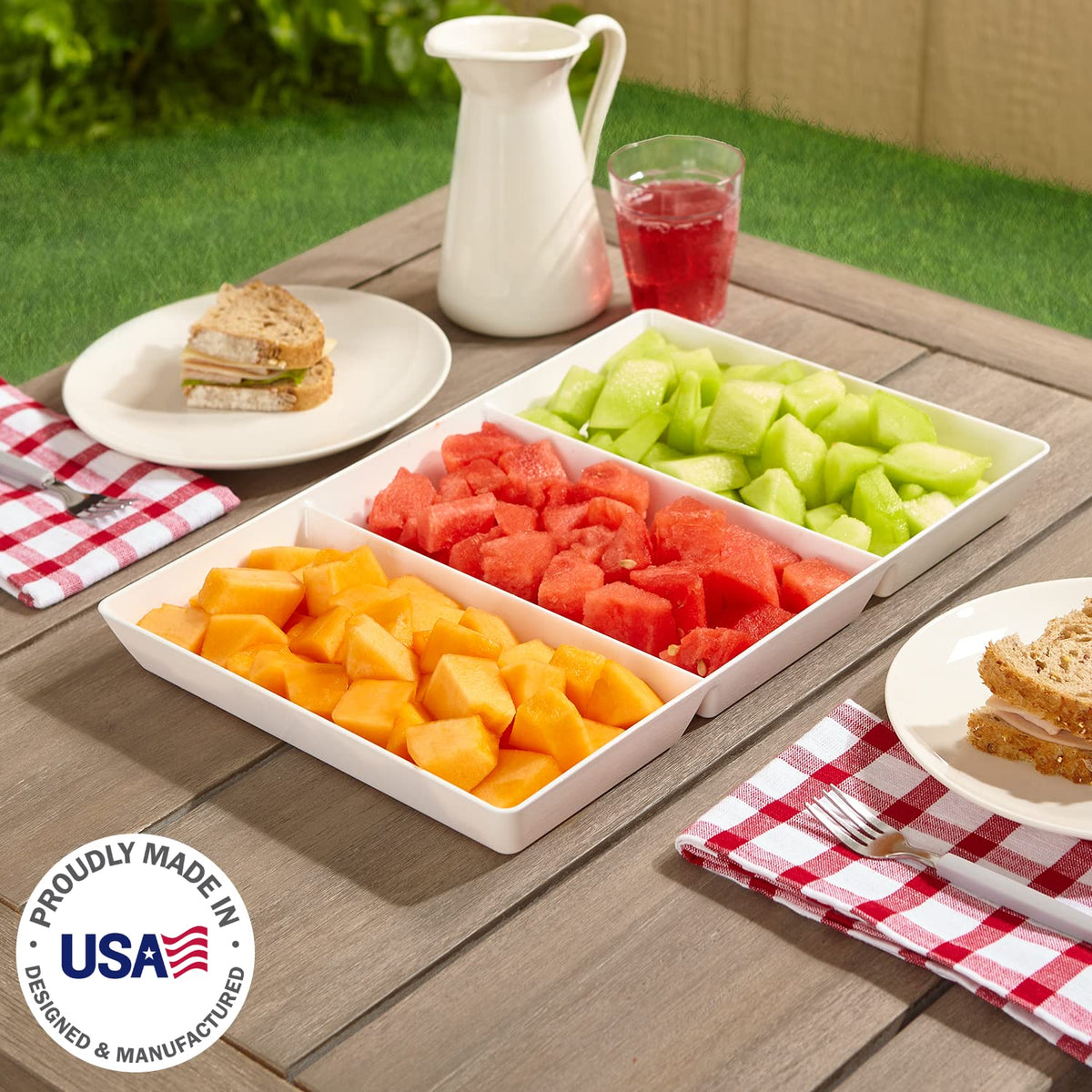 US Acrylic Avant White divided tray dessert setup highlighting three-section layout