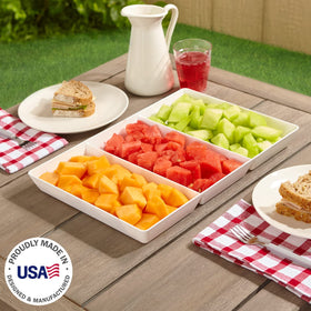 US Acrylic Avant White divided tray dessert setup highlighting three-section layout