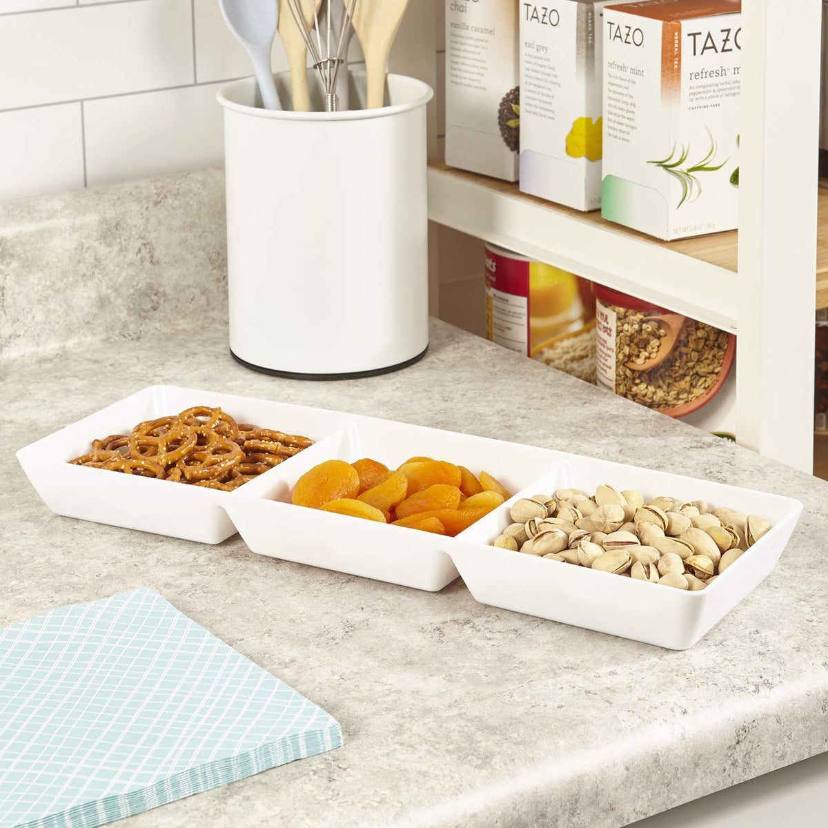 US Acrylic Avant White divided tray for fruits, desserts, and small bites.