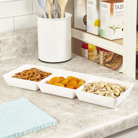 US Acrylic Avant White divided tray for fruits, desserts, and small bites.