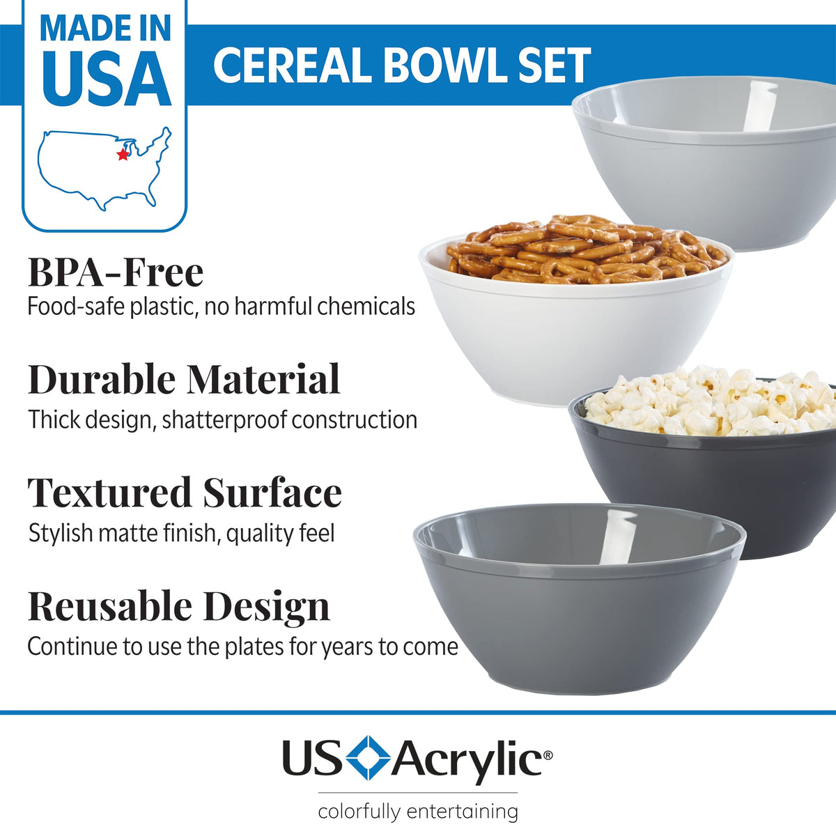 US Acrylic bowls in grey are dishwasher safe for quick cleanup after meals.