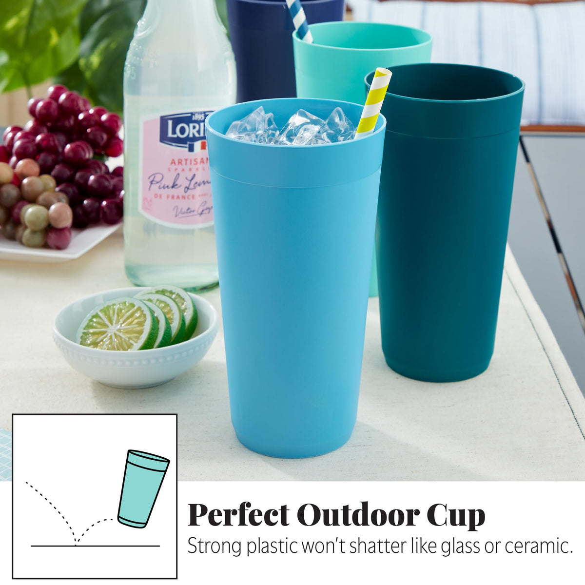 US Acrylic Newport 32oz tumbler in seafoam green, side view for patio sipping