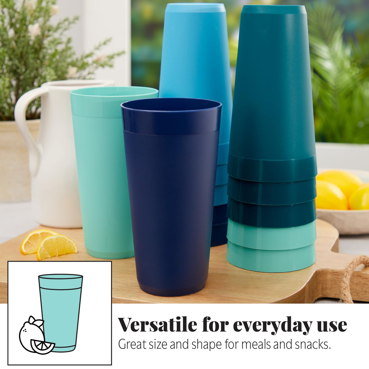 US Acrylic Newport 32oz tumbler in teal, side view, stackable design for storage