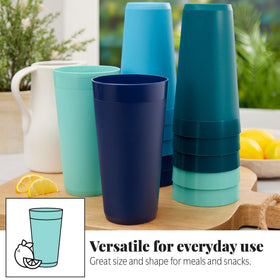 US Acrylic Newport 32oz tumbler in teal, side view, stackable design for storage
