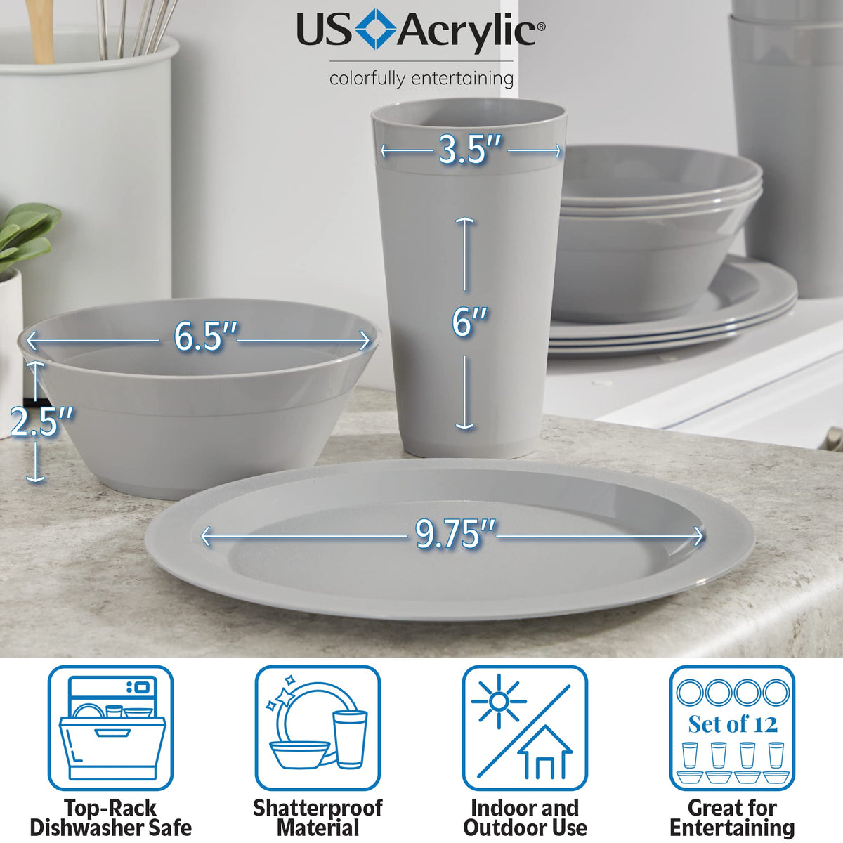 US Acrylic Newport cereal bowl in grey stone, perfect for cereal, soup, or snacks