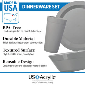 US Acrylic Newport dinner plate in grey stone, stackable and space-saving for meals