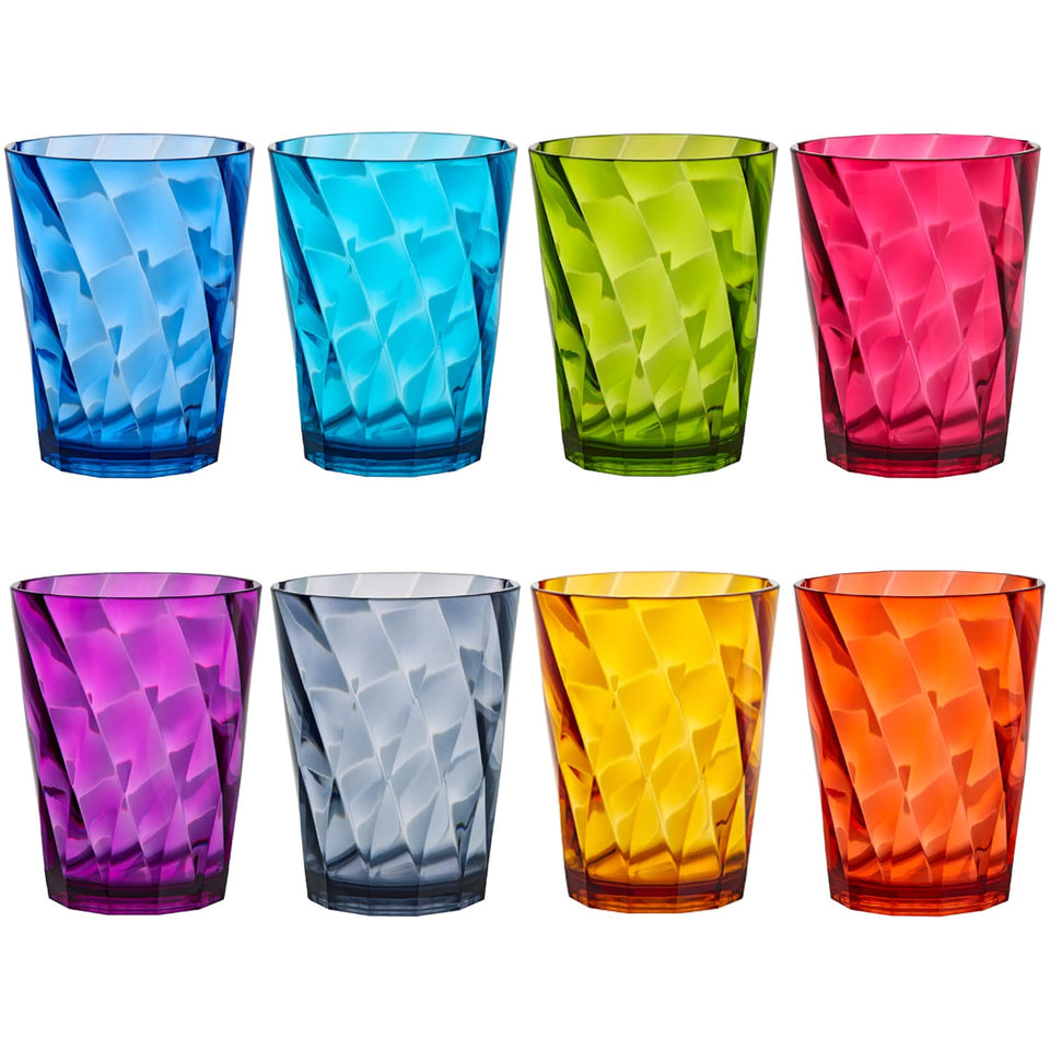 US Acrylic Optix 14oz rocks glasses in rainbow colors for everyday entertaining.