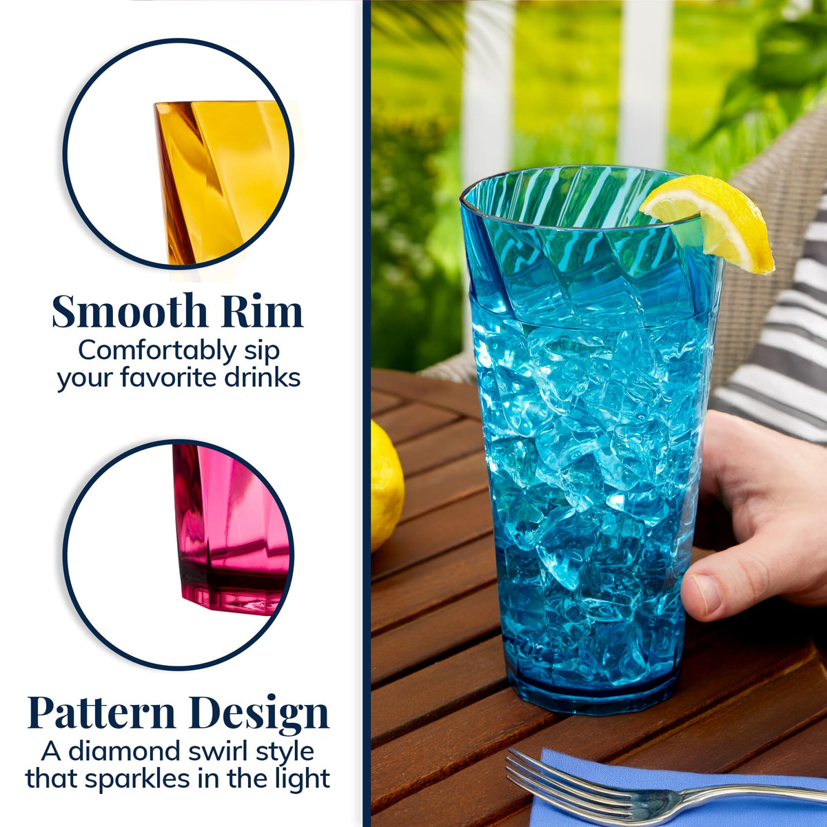 US Acrylic Optix jewel-tone 26oz glasses brighten any table.