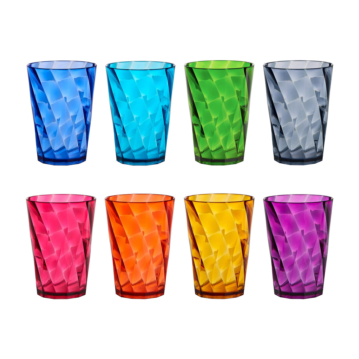 US Acrylic Optix Mini 8oz glasses set in eight-piece rainbow pack, durable for everyday use.