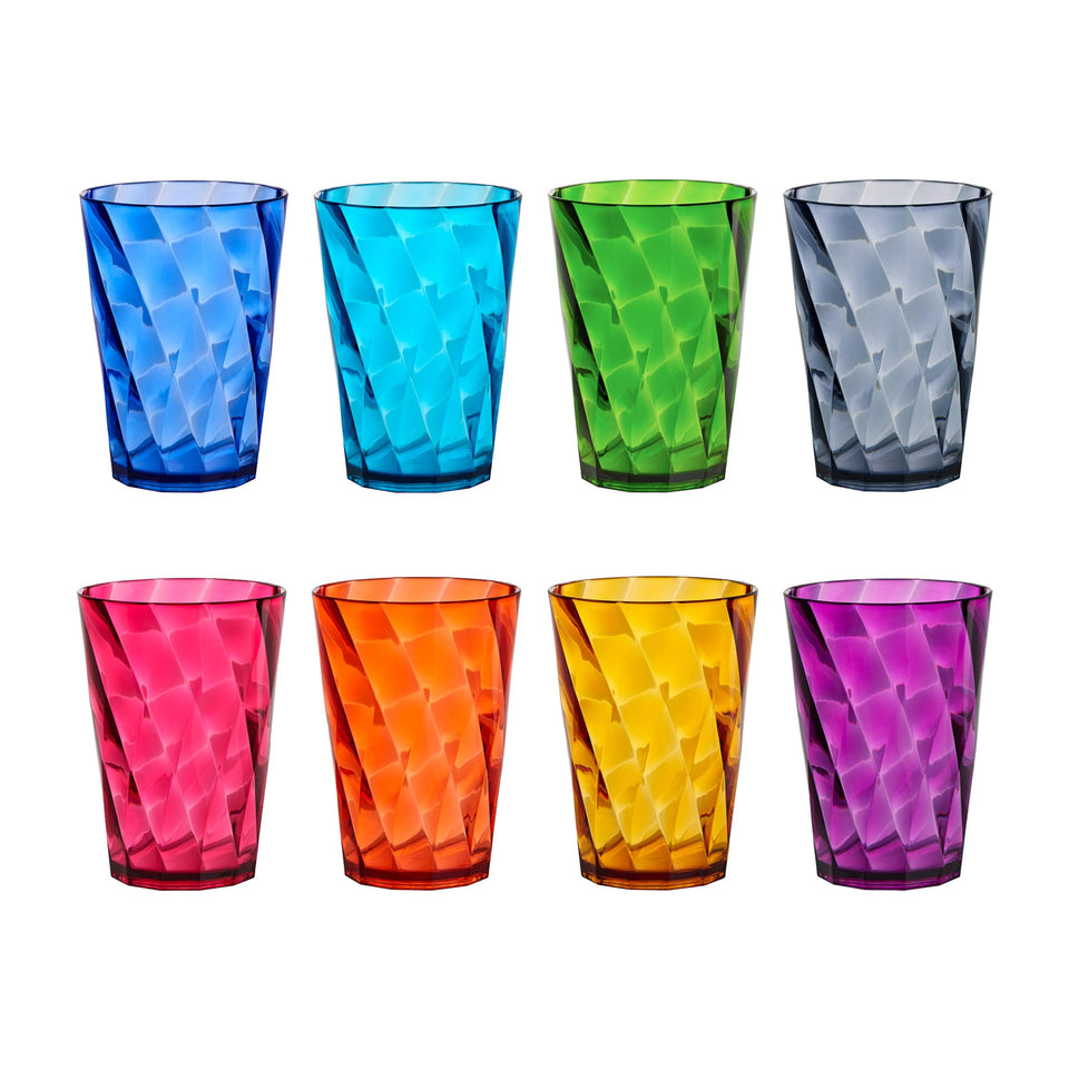 US Acrylic Optix Mini 8oz glasses set in eight-piece rainbow pack, durable for everyday use.