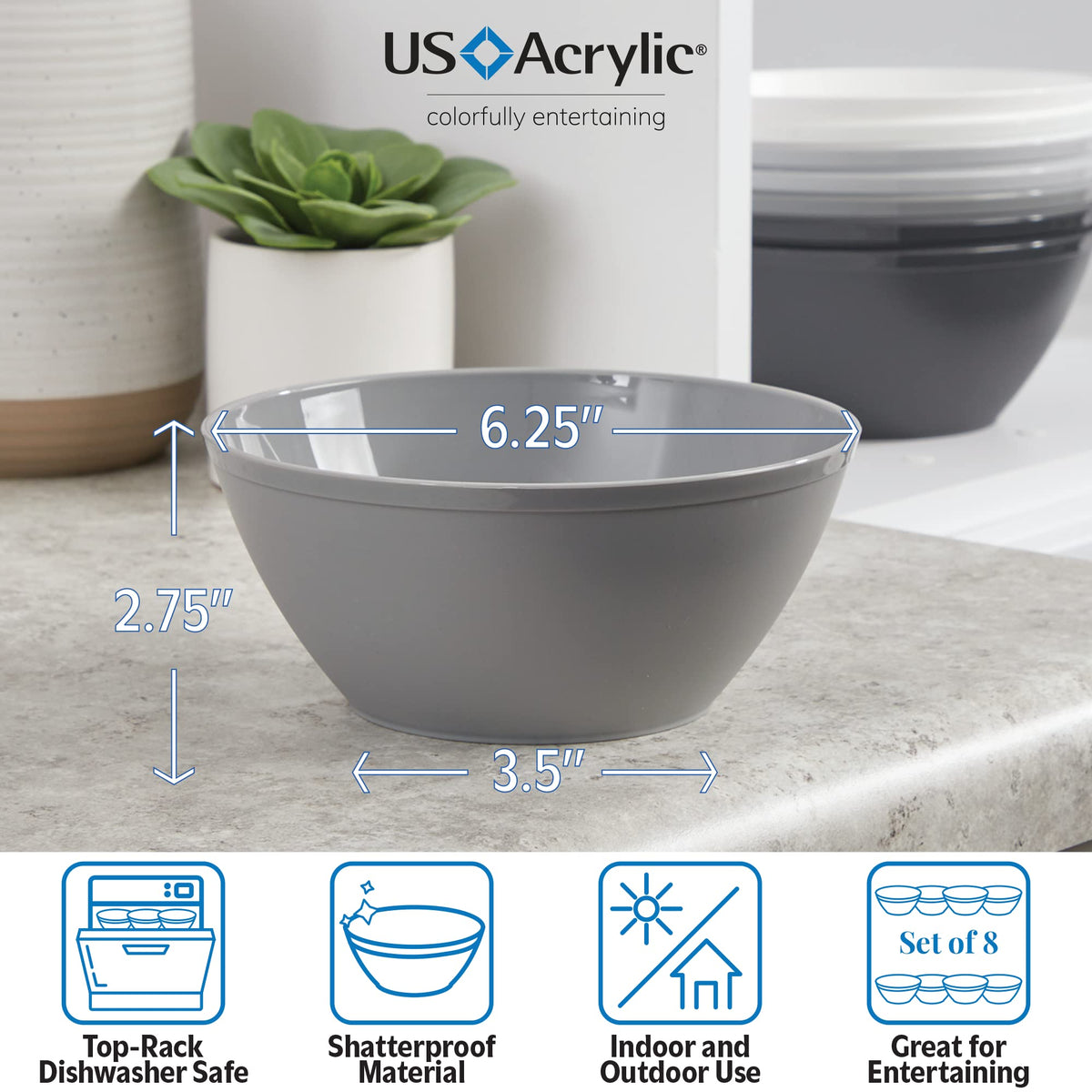 US Acrylic shatter-resistant bowls for outdoor dining keep snacks secure.