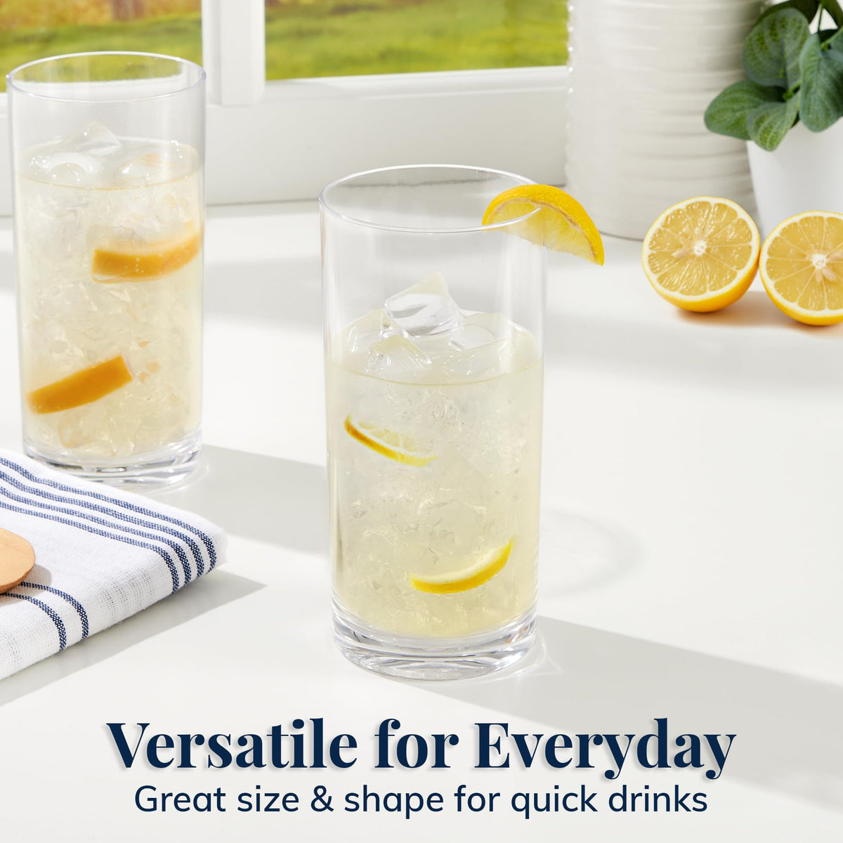 US Acrylic six-pack 16oz drinking glasses with durable, glass-like base.