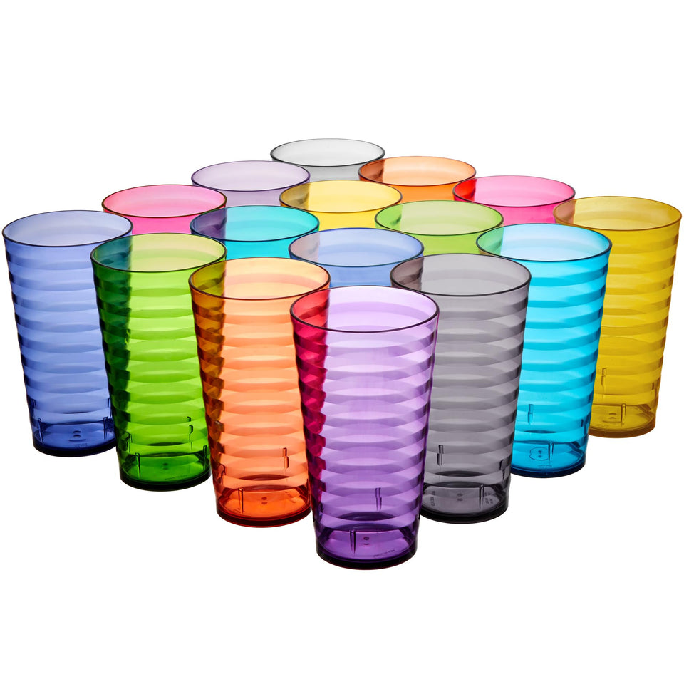 US Acrylic Splash 16-pack front view shows stackable 18oz tumblers in jewel tones