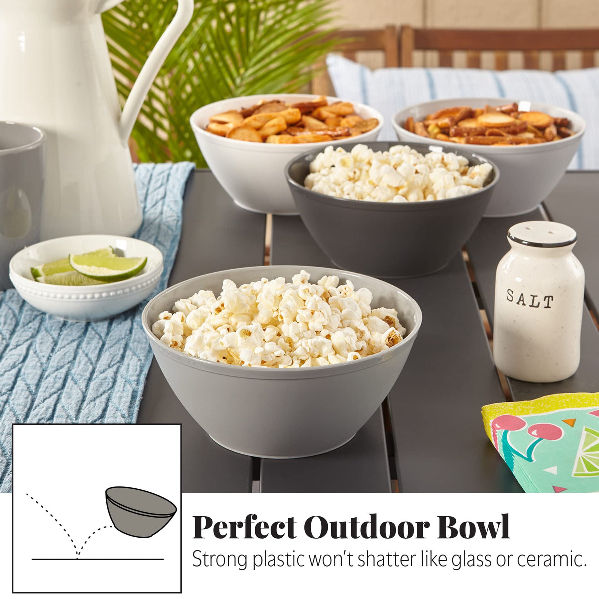 US Acrylic 28oz bowls in grey ideal for snacks and ice cream.