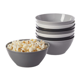 US Acrylic unbreakable bowls 28oz in grey, stacked neatly for space-saving storage.