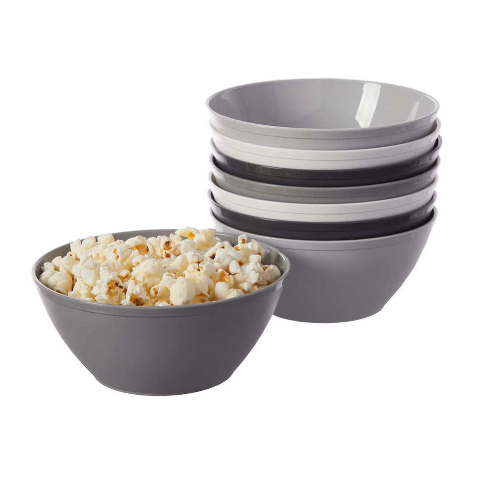US Acrylic unbreakable bowls 28oz in grey, stacked neatly for space-saving storage.